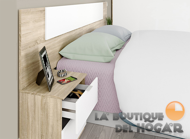 Dormitorio de matrimonio Luca - Conjunto Cabezal + 2 mesitas con cajones