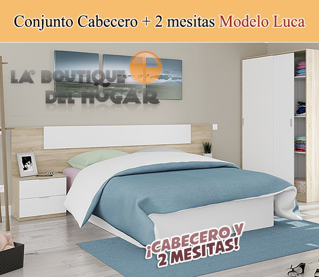 Dormitorio de matrimonio Luca - Conjunto Cabezal + 2 mesitas con cajones