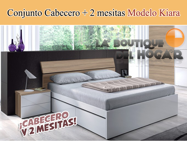 Dormitorio de matrimonio Kiara - Conjunto Cabezal + 2 mesitas