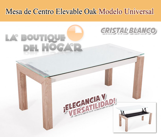 Mesa de Centro Elevable Oak Modelo Universal con Cristal Blanco