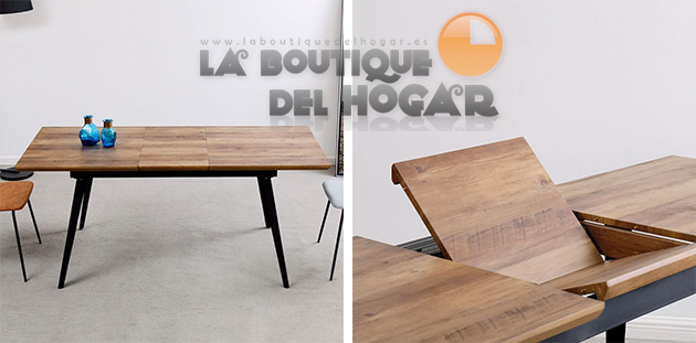 Mesa de comedor extensible negra con patas metálicas y tablero DM Nogal Modelo Branch