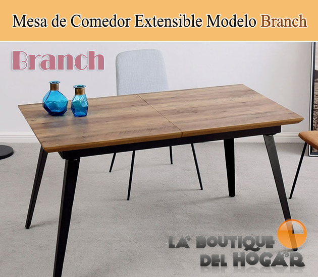 Mesa de comedor extensible negra con patas metálicas y tablero DM Nogal Modelo Branch