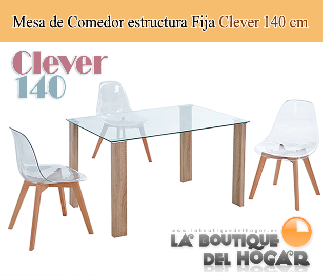 Mesa de comedor fija con patas imitación madera y cristal templado Modelo Clever 140
