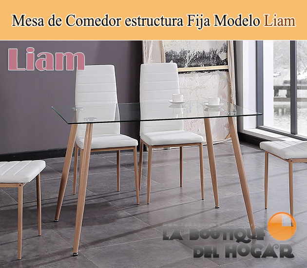 Mesa de comedor fija con patas metálicas imitación madera y cristal templado Modelo Liam 120