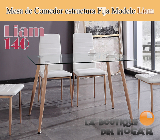 Mesa de comedor fija con patas metálicas imitación madera y cristal templado Modelo Liam 120
