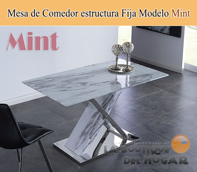 Mesa de comedor fija de estilo moderno en cristal templado imitación mármol Modelo Mint