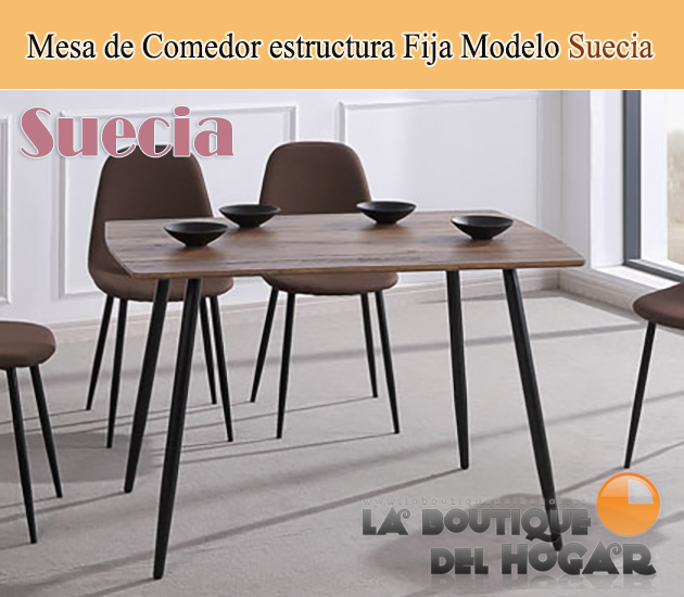 Mesa de comedor fija con patas metálicas y tablero Nogal Modelo Suecia