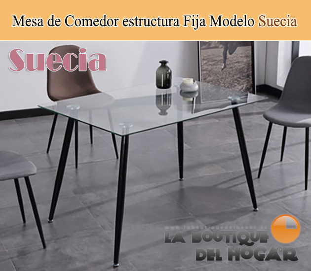 Mesa de comedor fija con patas metálicas y cristal templado Modelo Suecia