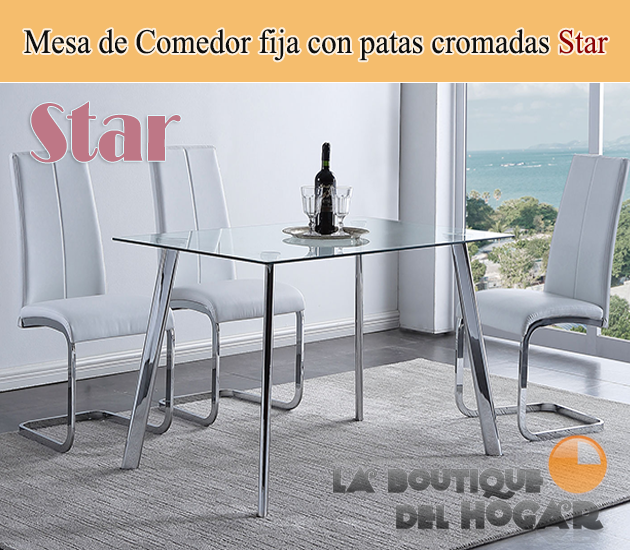Mesa de comedor fija con patas metálicas y cristal templado Modelo Star