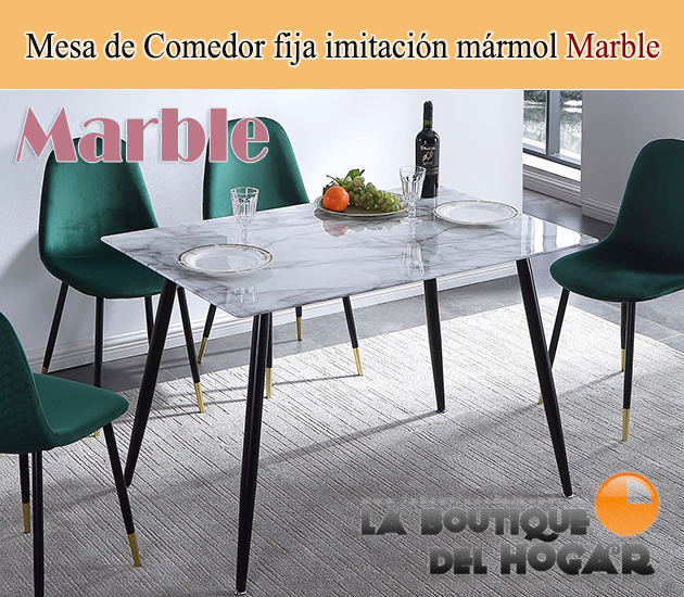Mesa de comedor fija con patas metálicas color negro y cristal templado Modelo Marble