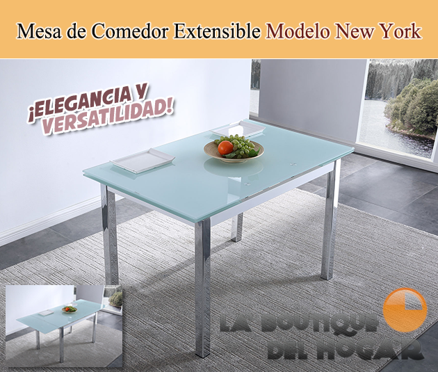 Mesa Extensible para salón comedor cromada con Cristal Blanco Modelo New York