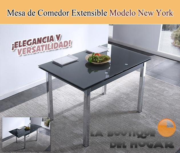 Mesa Extensible para salón comedor cromada con Cristal Gris Modelo New York
