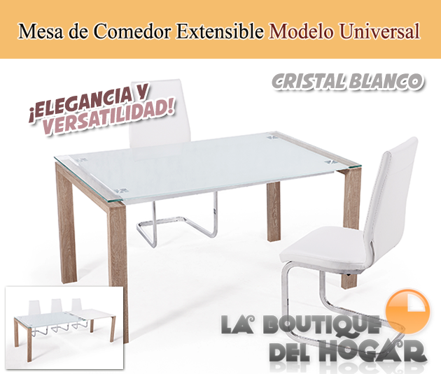 Mesa Extensible para salón comedor Oak Modelo Universal - Cristal Blanco