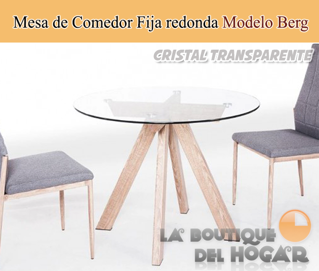 Mesa Fija redonda para salón comedor Oak Modelo Berg - Cristal Transparente