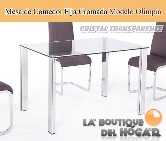 Mesa Fija para salón comedor cromada Modelo Olimpia - Cristal Transparente