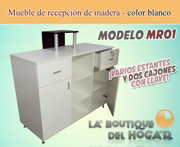 Mueble de recepción de madera con estantes y cajones Modelo MR01B - color blanco