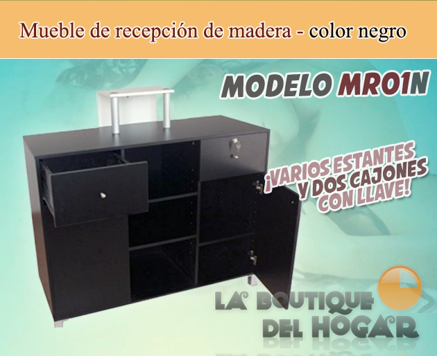 Mueble de recepción de madera con estantes y cajones Modelo MR01N - color negro