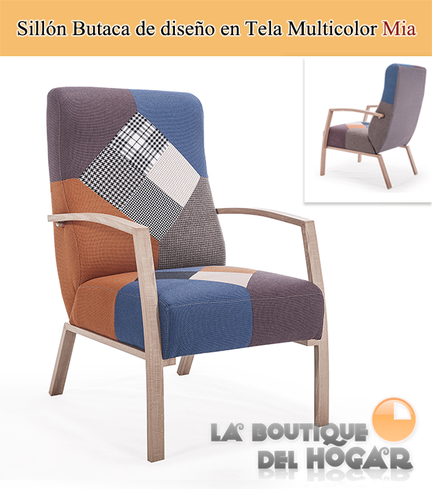 Sillón Butaca de diseño en Tela Patchwork Multicolor Modelo Mia