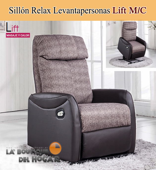 Sillón Relax Levantapersonas Mixto en Tela y Polipiel con Masaje y Calor Modelo Lift M/C