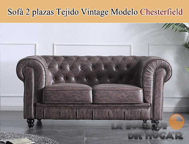 Sofá de diseño de 2 plazas Tejido Chocolate envejecido Modelo Chesterfield