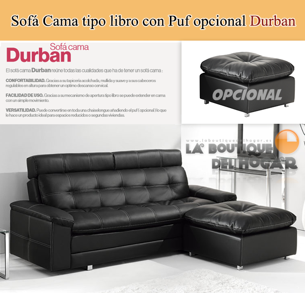 Sofá Cama Modelo Durban con Sistema de apertura tipo libro y Puf Chaise Longue