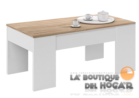Mesa de Centro elevable para salón comedor Modelo Flow - Color Roble Canadian y Blanco