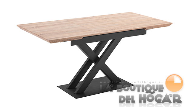 Mesa de comedor extensible negra con patas metálicas y tablero de Roble Modelo Victory