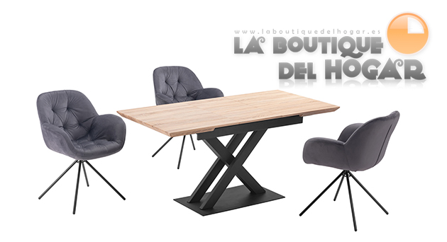 Mesa de comedor extensible negra con patas metálicas y tablero de Roble Modelo Victory