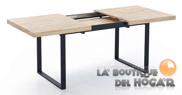 Mesa de comedor extensible negra con patas metálicas y tablero de Roble Modelo Natural