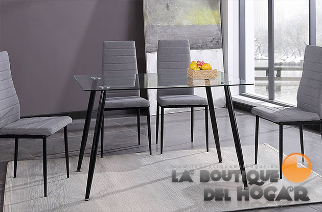 Mesa de comedor fija con patas metálicas y cristal templado Modelo Suecia