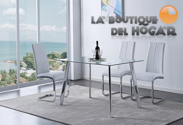 Mesa de comedor fija con patas metálicas y cristal templado Modelo Star