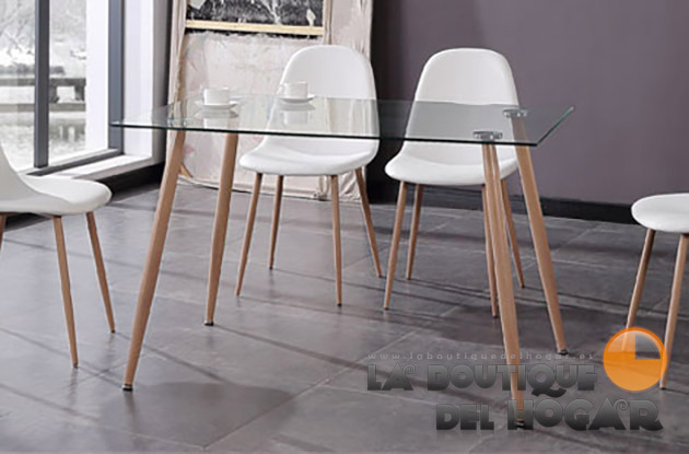 Mesa de comedor fija con patas metálicas imitación madera y cristal templado Modelo Liam 140