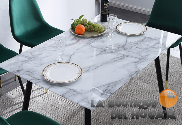 Mesa de comedor fija con patas metálicas y cristal templado Modelo Marble