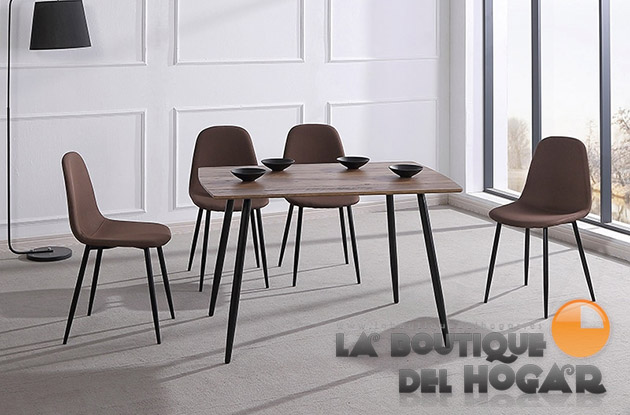 Mesa de comedor fija con patas metálicas y tablero Nogal Modelo Suecia