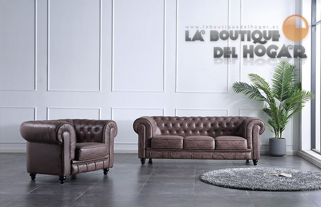 Sofá de diseño de 1 plaza Tejido Chocolate envejecido Modelo Chesterfield