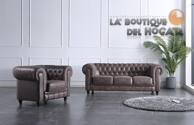 Sofá de diseño de 3 plazas Tejido Chocolate envejecido Modelo Chesterfield