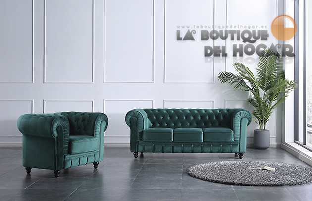 Sofá de diseño de 3 plazas Tejido Velvet verde Modelo Chesterfield