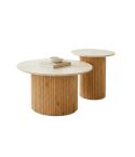Conjunto Mesas de centro redondas con pata central en palillería Oak y tablero Travertino Modelo Meryl 80-60 cm