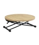 Mesa de centro redonda elevable y extensible negra con patas metálicas y tablero Oak Modelo Gaga 100