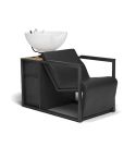 Lavacabezas de madera y metal con pica blanca, reposabrazos negros y espacio de almacenaje Modelo Basil B-W-U Negro