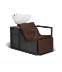 Lavacabezas de madera y metal con pica blanca, reposabrazos marrones y Reposapiés eléctrico Modelo E-Basil BR-W-U Marrón