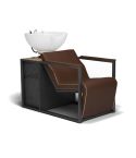 Lavacabezas de madera y metal con pica blanca, reposabrazos marrones y espacio de almacenaje Modelo Basil BR-W-U Marrón