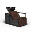 Lavacabezas de madera y metal con pica negra, reposabrazos marrones y Reposapiés eléctrico Modelo E-Basil BR-B-U Marrón