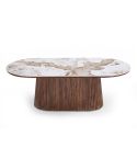Mesa de centro oval con pata central en palillería cónica Nogal y tablero Ceramic Modelo Angelina 140