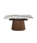 Mesa de comedor extensible con pata central en palillería Nogal y tablero cerámic Modelo Angelina 160x90