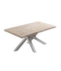 Mesa de comedor fija blanca con patas metálicas y tablero de Roble Nordish con forma Xena 180