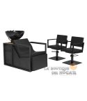 Pack - 1 Lavacabezas Con Pica a elegir y Reposapiés eléctrico E-Basil B Negro + 2 Sillones De Corte Ocean B Negros - Reposabrazos Negros
