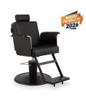 Sillón de Barbero reclinable con base redonda negra, reposapiés y reposabrazos negros Modelo Duk B-B