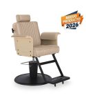 Sillón de Barbero reclinable con base redonda negra, reposapiés y reposabrazos madera Modelo Duk BE-WO Beige