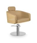 Sillón corte de Peluquería con base redonda plateada inox. Modelo Alya BE-R Beige
